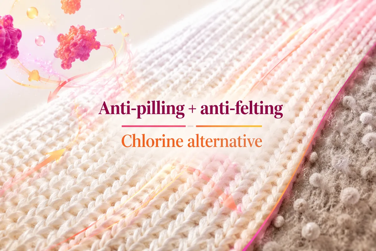 Close-up of a smooth cream wool knit next to a grey wool surface covered in pills, showing the difference an anti-felting and anti-pilling finish makes